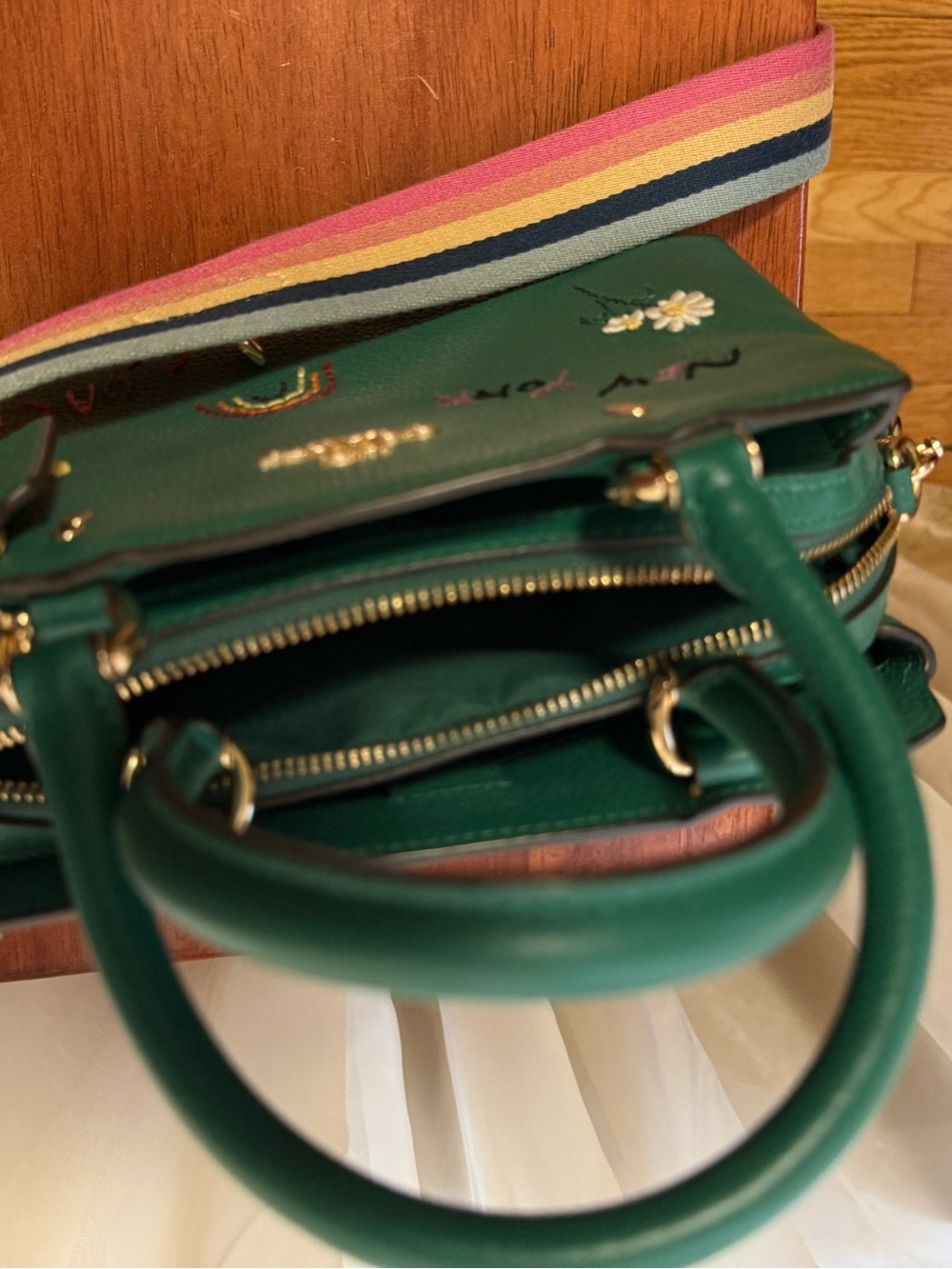 COACH Green Leather Satchel with Rainbow Striped Strap - Picture 10 of 11